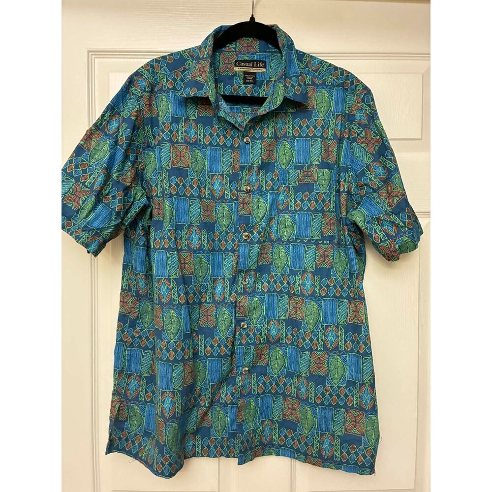 Casual Life Men's XL Short Sleeve Geometric Print Cotton Shirt Blue Green